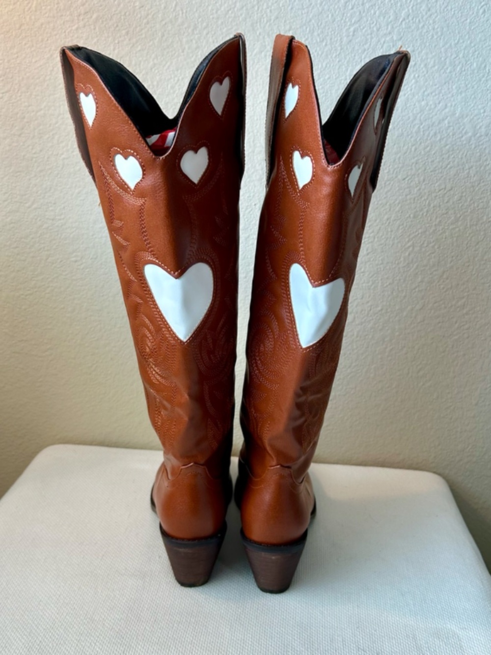 Cowboy Boot Tall Brown White Hearts Inlay Pull Strap Wide Calf Heel 1.5" 38/7.5 - Picture 6 of 14